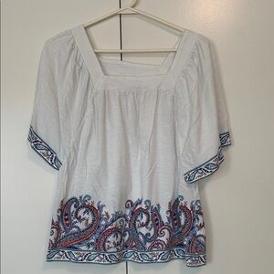 J. Jill White Blouse with square neckline Blue and Red paisley design